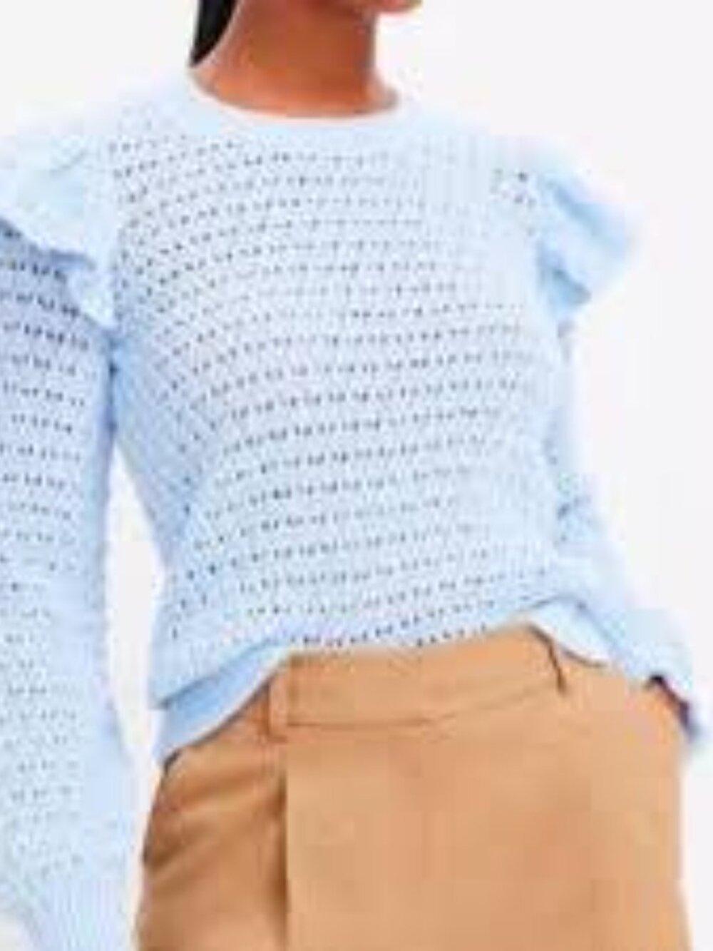 LOFT Light Blue Pointelle Ruffle Shoulder Long Sleeve Sweater Size Medium
